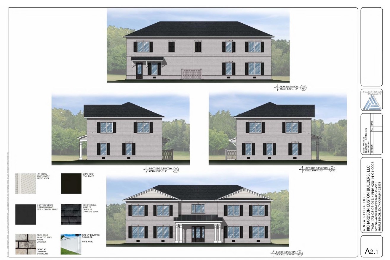 Rendered elevations of the two-story office building at 1139 44th Avenue North: light lap siding, black shutters and a dark hip roof, with a columned entry porch on the front, and the siding, shingle, brick and shutter selections beside them