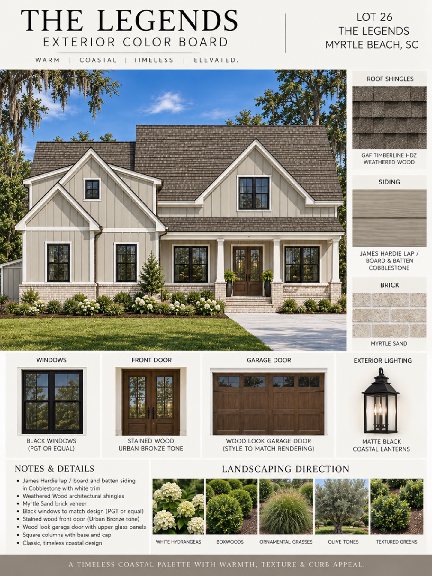 Exterior color board for the Richardson home at 2092 Kilkee Drive in The Legends: Cobblestone lap and board-and-batten siding, Weathered Wood shingles, Myrtle Sand brick, black windows, a stained wood front door and a wood-look garage door