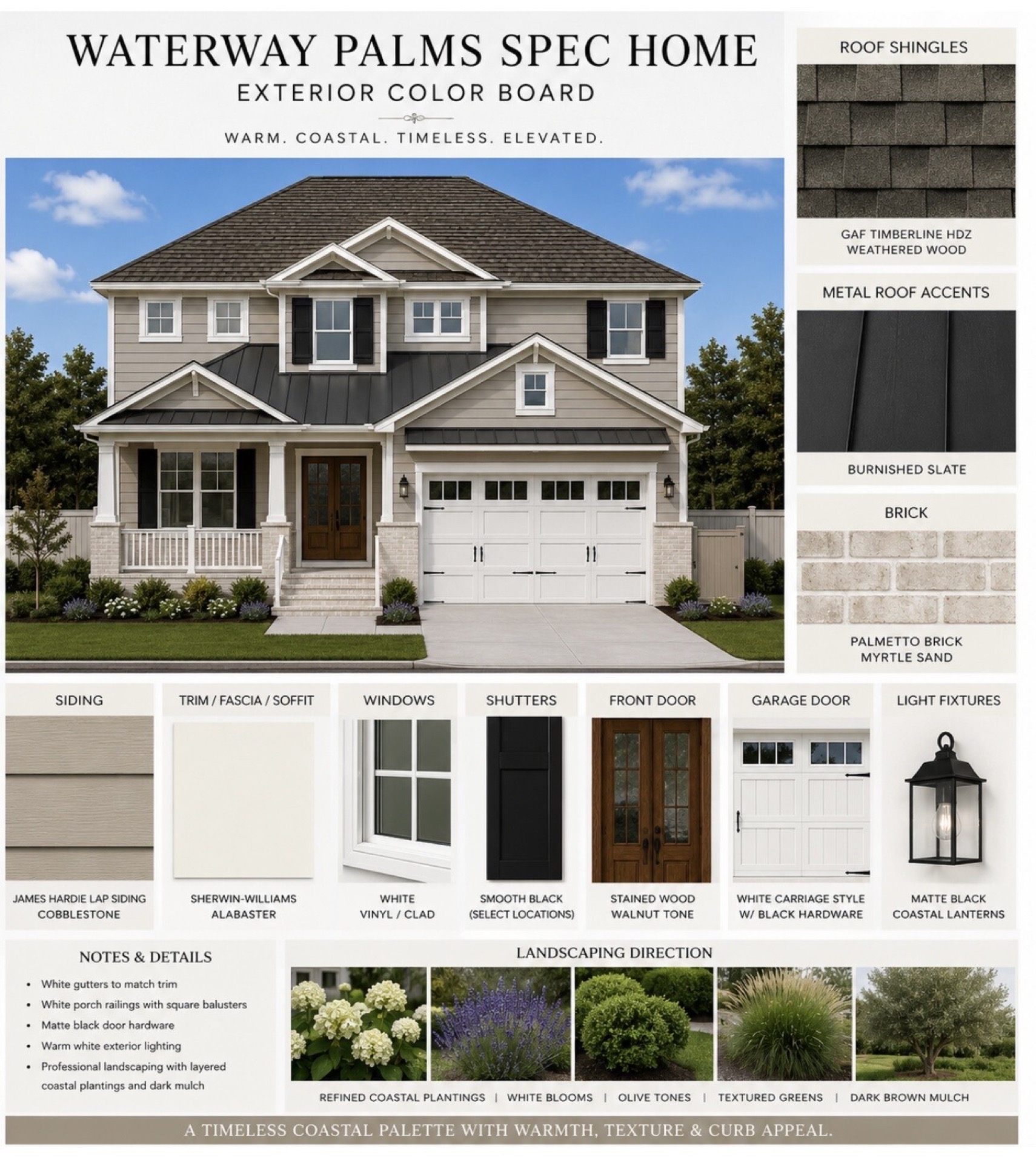 Exterior color board for the Waterway Palms spec home: a two-story house with Cobblestone lap siding, Weathered Wood shingles, Burnished Slate metal roof accents, Myrtle Sand brick, black shutters, a stained walnut front door and a white carriage-style garage door